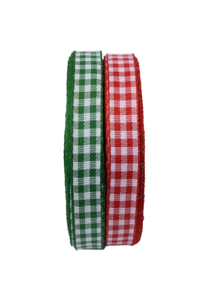 Finesse Polyster Checked Ribbon Decoration, Gift Wrapping, Multi-Purpose Use (Green/Red, Size : 0.5 Inch, Packing : 15 Mtrs/Roll) Pack of 2